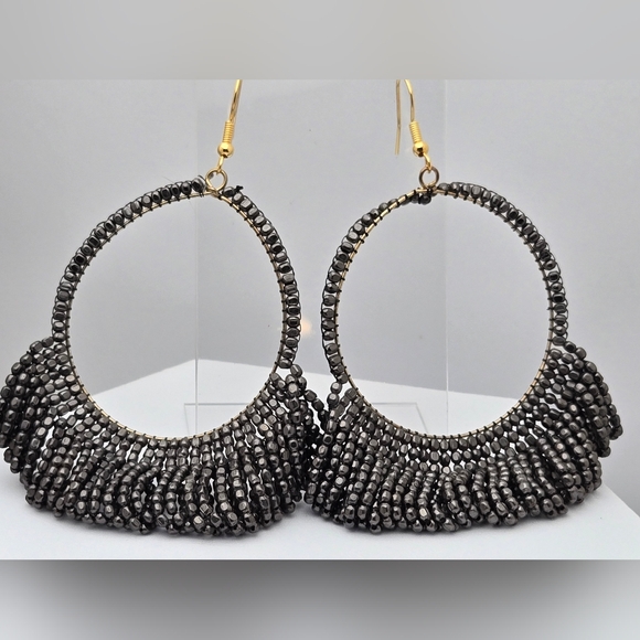 Handmade Jewelry - Ink + Alloy Handmade Beaded Hoop Earrings Matte Silver Lightweight Boho 3”